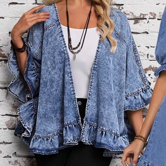 Boho Denim Open Front Ruffle Detail Light Jacket Coat - Picture 4 of 5